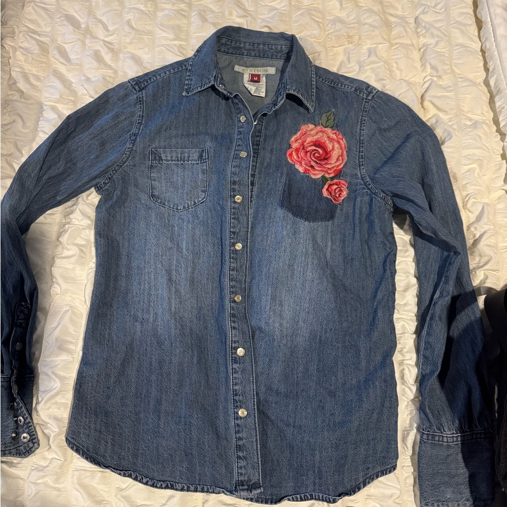 Stetson denim pearl snap with pink floral embroidery